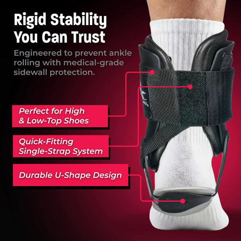 T2 Ankle Brace with rigid U-shaped shell, lightweight EVA padding, adjustable fit, suitable for men size 7-10 and women 8-11
