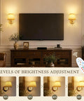 Hassle Free Battery Operated Wall Sconces Set Of Two Matte Gold Rechargeable Cordless Indoor And Outdoor Lighting Fixtures For Modern Home Decor Super Easy Install Warm Glow Lamp Pair with remote and brightness settings.