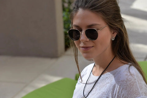 Woman wearing 18 Inch Black Silk Satin Cord Necklace Hypoallergenic Rope Jewelry with sunglasses outdoors