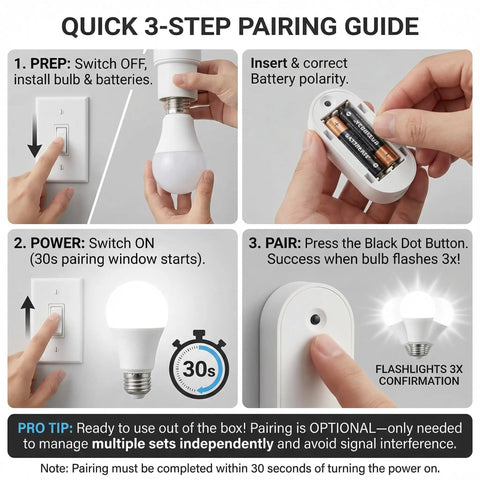 Detached Motion Sensor Light Bulb Kit With Split Design 60W Equivalent A19 LED 6000K Daylight White wall-mounted sensor and bulb pairing guide