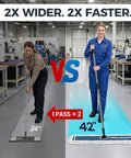 Comparison image showing 42 Inch Commercial Dust Mop With Extra Wide Flat Head Heavy Duty Swivel Design and Quick Release Handle in a warehouse setting.