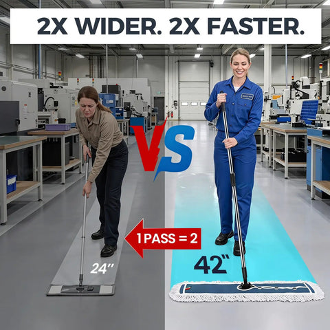 Comparison image showing 42 Inch Commercial Dust Mop With Extra Wide Flat Head Heavy Duty Swivel Design and Quick Release Handle in a warehouse setting.