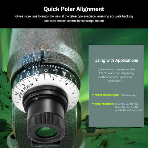 Polar Alignment Scope For EQ 5 Mounts With Pro Grade Precision Reticle Engraving attached to telescope base, solid metal build.