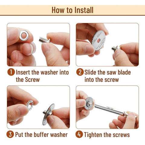 Installation instructions for the Inside PVC Pipe Cutter With Four Saw Blades, 1/4 Inch Hex Shank, showing steps and parts.