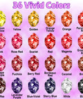 Epoxy resin pigment set with 36 vivid colors shown as gem-like color swatches in a grid.