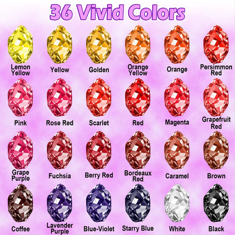 Epoxy resin pigment set with 36 vivid colors shown as gem-like color swatches in a grid.