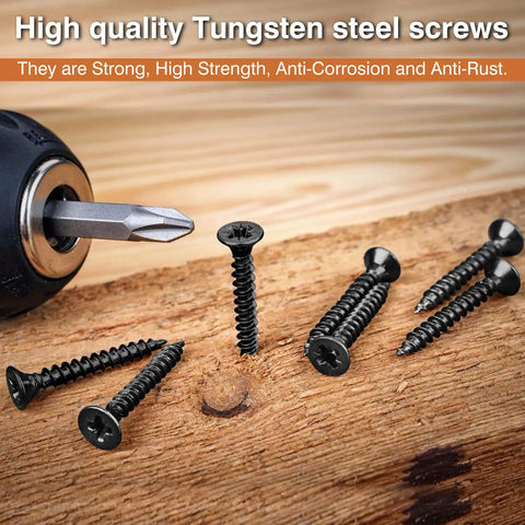 Close-up of Heavy Duty Black Steel Screws Set for DIY Projects on wood surface, showcasing rust-resistant, high strength fasteners.