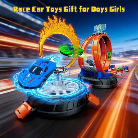 Transformable Tire Race Track Set For Kids 3 To 8 With Portable Handle Double Track Course 360 Degree Loops Two Racing Cars