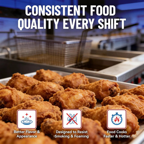 Fried chicken in a fryer with fry baskets and text, Fry Powder Oil Stabilizer And Filter Aid For Deep Fryers 72 Size B Sachets 240 Milliliters Each Keeps Fry Oil Cleaner Longer Saves Grease