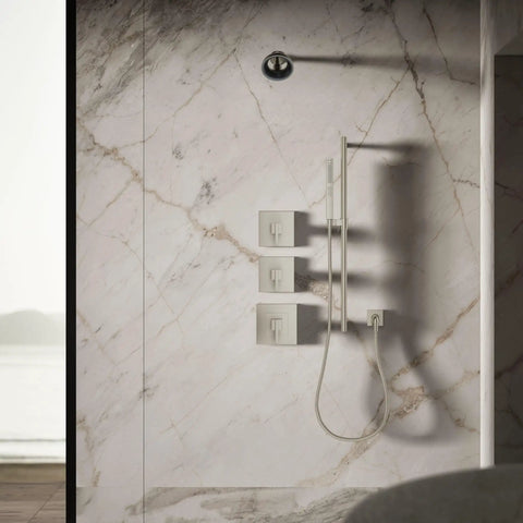 Statement VES Single-Function Showerhead 1.5 GPM Vibrant Brushed Nickel, wide coverage spray, 360-degree rotating head in modern bath