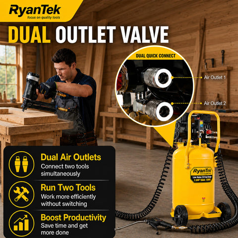 Person using 15 Gallon Air Compressor With 2 HP Twin Cylinder Vertical Tank 4.5 CFM At 90 PSI Quiet 66 dB Oil Free 125 PSI Max for woodworking