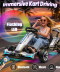 Child riding 24V Electric Drift Go Kart With Dual 800W Motors 10Ah Battery 8.2 MPH Top Speed in LED mode, outdoor setting