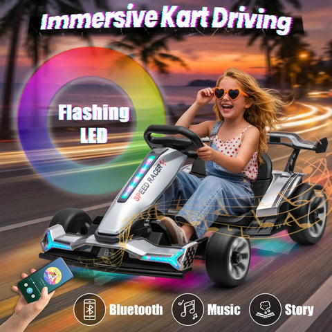 Child riding 24V Electric Drift Go Kart With Dual 800W Motors 10Ah Battery 8.2 MPH Top Speed in LED mode, outdoor setting
