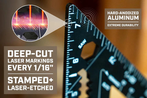 Detailed view of Solid As Nails Seven And A Half Inch Rafter Square with crisp laser etched measurements on hard anodized aluminum.
