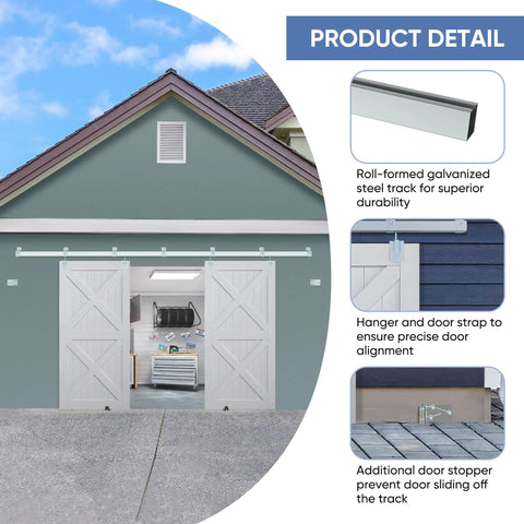 Exterior Sliding Barn Door Hardware Kit For 12 Ft Double Doors, Heavy Duty Track Kit, Wall Mount, Silver Finish, Rust Resistant Galvanized Steel, Outdoor Grade, 50,000 Cycle Tested, Hardware Only shown installed on a garage with white double doors
