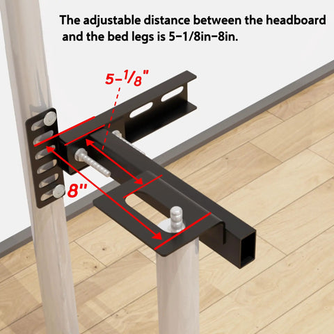 Adjustable Headboard Brackets For Metal Bed Frame Extension Kit With Heavy Duty Gear Easy Hook Up Quick Install Fits Twin Full Queen King Beds Matte Black Finish Pair showing adjustable distance measurements.