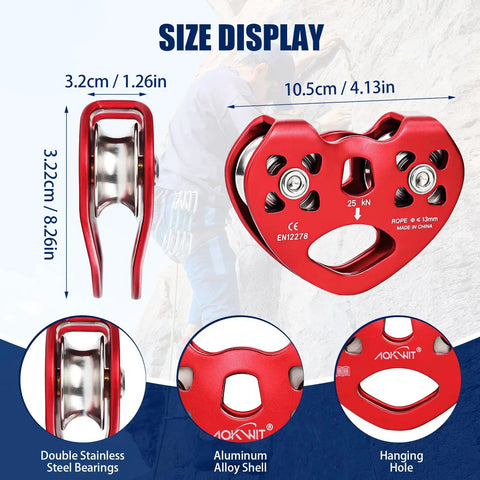 Dual Tandem Zip Line Pulley For 8 To 13mm Rope, Beefy Aluminum Alloy Shell With Stainless Bearings For Smoother Run, 25KN Strength Hauling Rigging