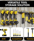 Heavy Duty Drill Tool Organizer Wall Mount Pack Of 2 With 8 Power Tool Slots And 32 Screwdriver Racks Garage Storage Solution Easy Install On 16 Inch Stud Walls Ideal Gift For Dads Husbands, metal wall-mounted organizer displaying drills, screwdrivers, and hammer on wooden background.