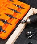 Pro Grade Step Drill Bit Set With Four Spiral Flutes And Countersink Bits In A Sturdy Tool Box For Metal Aluminum Wood And Plastic