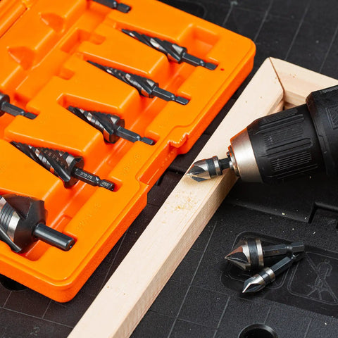 Pro Grade Step Drill Bit Set With Four Spiral Flutes And Countersink Bits In A Sturdy Tool Box For Metal Aluminum Wood And Plastic