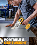 Man uses Cordless Sheet Metal Cutter Nibbler With Brushless Motor Delivers 221 Foot Pounds Of Torque And Cuts Through 18 Gauge Steel Aluminum Cardboard Leather And Carpet Works With A 20V Battery Not Included on metal sheet in workshop