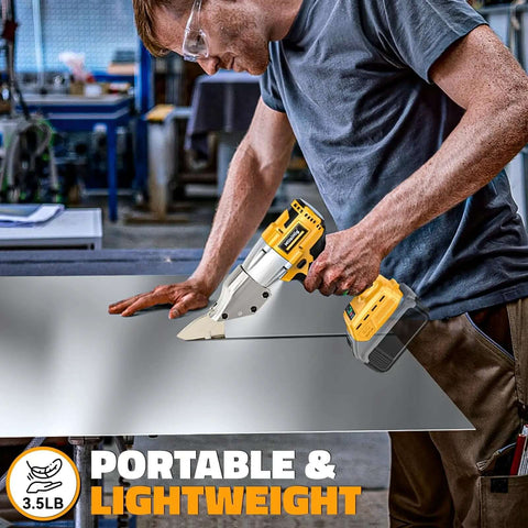 Man uses Cordless Sheet Metal Cutter Nibbler With Brushless Motor Delivers 221 Foot Pounds Of Torque And Cuts Through 18 Gauge Steel Aluminum Cardboard Leather And Carpet Works With A 20V Battery Not Included on metal sheet in workshop