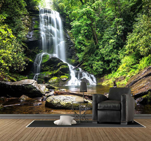 Huge 108 By 75 Inch Cascading Waterfalls In Forest Wall Mural For Bedroom Living Room And Kids Room Non Self Adhesive 5 Piece Set Large Silk Material Wallpaper Decor Easy Install In Five Sections