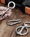 Heavy Duty Stainless Steel Horse Tie Ring Set With Eye Bolt And Quick Snap on wooden surface, 2 Pack