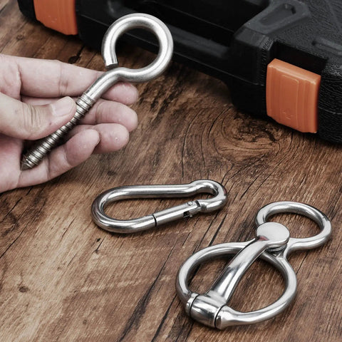 Heavy Duty Stainless Steel Horse Tie Ring Set With Eye Bolt And Quick Snap on wooden surface, 2 Pack