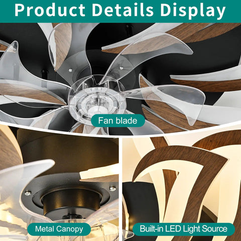 AMZSTAN 35 Inch Modern Flower Ceiling Fan with Light and Remote fan blades close-up showing transparent acrylic and wood grain design.