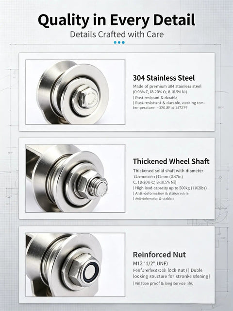 Detailed image of 48 Mm Industrial Grade U Groove Track Wheel Built Tough With 304 Stainless Steel and swivel mount.