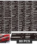 Magnetic Tool Box Labels With Icon 80 Pieces Pre Printed Drawer Markers Strong Magnet Tags For Steel Cabinets And Garage Organization Easy To Spot 3 By 1 Inch Black, showing different labeled icons for tools and equipment.