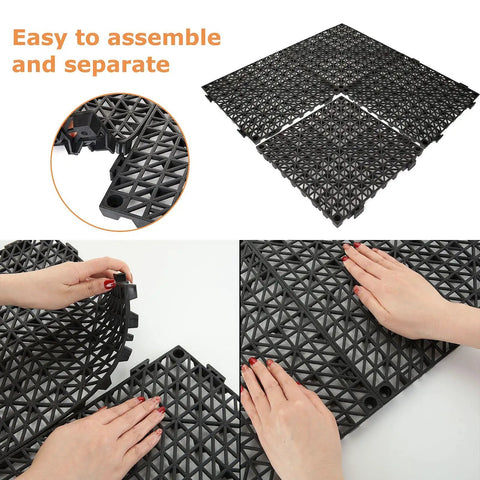 Hands assembling 12 Pack Interlocking Floor Tiles 11.8 Inch By 11.8 Inch Rubber Mats For Wet Areas Grippy No Slip Drainage Outdoor Shower