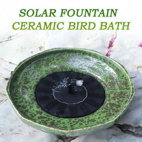 Sun Powered Ceramic Bird Bath Fountain For Outdoors Garden And Yard Decor, green ceramic solar water feature.