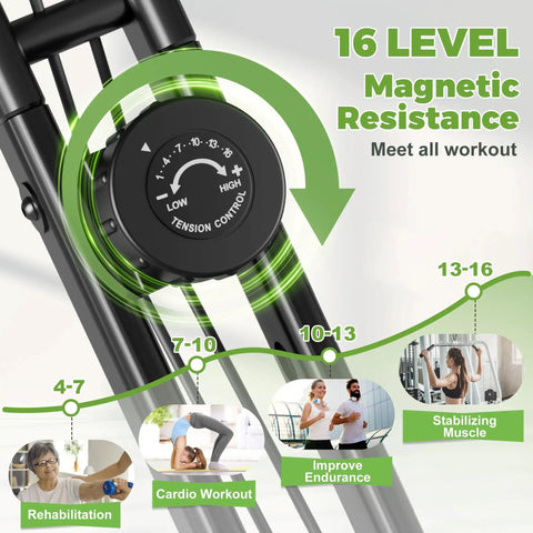 Close-up of the tension control dial on the exercise bike showing 16 levels of magnetic resistance for customized workouts. Crush Your Cardio Game On This Smooth Five In One Folding Exercise Bike Featuring Sixteen Level Magnetic Resistance And Rock Solid Three Hundred Pound Build.