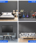 Twenty Pack Hexagon Soundproof Foam Wall Panels With Quick Peel Self Stick Backing High Density Noise Knockout Acoustic Tiles For Home Studio Decor Super Sleek Black Finish in bedroom, studio, meeting room, and living room settings.