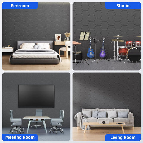 Twenty Pack Hexagon Soundproof Foam Wall Panels With Quick Peel Self Stick Backing High Density Noise Knockout Acoustic Tiles For Home Studio Decor Super Sleek Black Finish in bedroom, studio, meeting room, and living room settings.