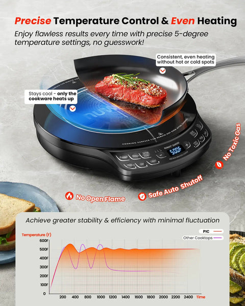 Portable Induction Cooktop With Probe, Diamond Edition, 91 Temp Settings From 100F To 500F, black ceramic glass, steak cooking