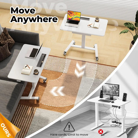 Flex Your Workspace Routine With This Slick Rollaway Standing Desk Featuring A Roomy Desktop Pull Out Storage Bin Built In Mug Holder Heavy Duty Side Hooks And Easy Glide Wheels, showcasing a mobile desk by a sofa.