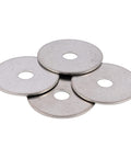 Five stainless steel fender washers, 1-1/4 in outer diameter with 1/4 in center hole, 304 stainless steel