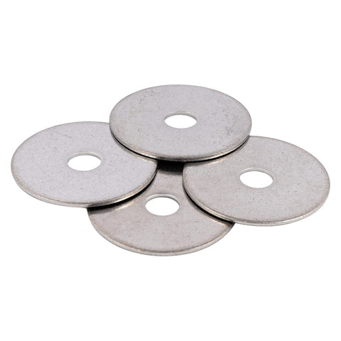 Five stainless steel fender washers, 1-1/4 in outer diameter with 1/4 in center hole, 304 stainless steel