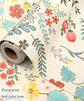 Self Adhesive Floral Peel And Stick Wallpaper Roll For Renters Featuring No Fuss Quick Install Water Resistant Scratch Proof Vinyl Wall Covering, floral print in soft colors, showing a roll.