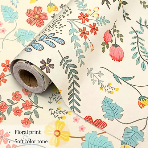 Self Adhesive Floral Peel And Stick Wallpaper Roll For Renters Featuring No Fuss Quick Install Water Resistant Scratch Proof Vinyl Wall Covering, floral print in soft colors, showing a roll.