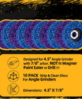 10 Pack 4.5 Inch Strip Discs Stripping Wheel For Angle Grinder With Seven Eighths Inch Arbor Clean Off Paint Coatings Rust Welds And Oxidation Like A Pro Heavy Duty Metal Prep For Fast Paint Removal, displayed in packaging with product details.