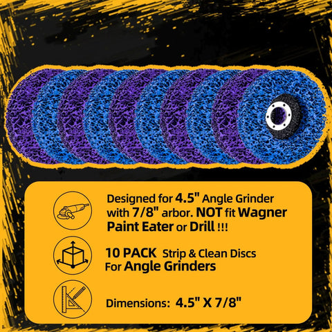 10 Pack 4.5 Inch Strip Discs Stripping Wheel For Angle Grinder With Seven Eighths Inch Arbor Clean Off Paint Coatings Rust Welds And Oxidation Like A Pro Heavy Duty Metal Prep For Fast Paint Removal, displayed in packaging with product details.