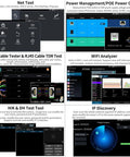 Screen showing network tools and features like Net Tool, Power Management, UTP Cable Tester, WiFi Analyzer, and IP Discovery.