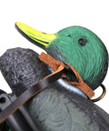 Close-up of leather game carrier strap securing duck decoy, highlighting detail and use for Leather Game Carrier Strap Belt With 12 Drop Slip Rings For Dove Duck Quail Pheasant And Other Small Game Bird Tote Hanger For Field Hunting Gear And More Today.