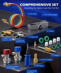 Comprehensive AC Manifold Gauge Set for R134a R12 R22 R502, includes hoses, goggles, couplers, can tap, gaskets, and adapters shown.
