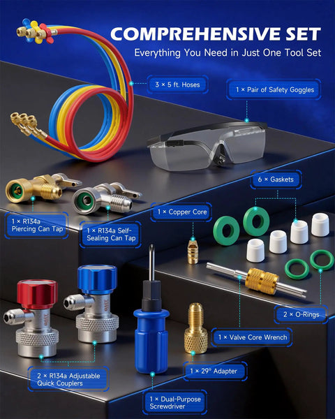 Comprehensive AC Manifold Gauge Set for R134a R12 R22 R502, includes hoses, goggles, couplers, can tap, gaskets, and adapters shown.