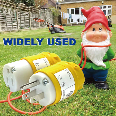 Heavy Duty 5-15P To 5-15R Extension Cord End Kit Plug And Play Replacement displayed on grass with garden gnome.